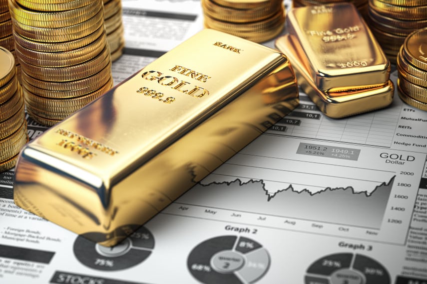 gold bar and coins with gold price chart