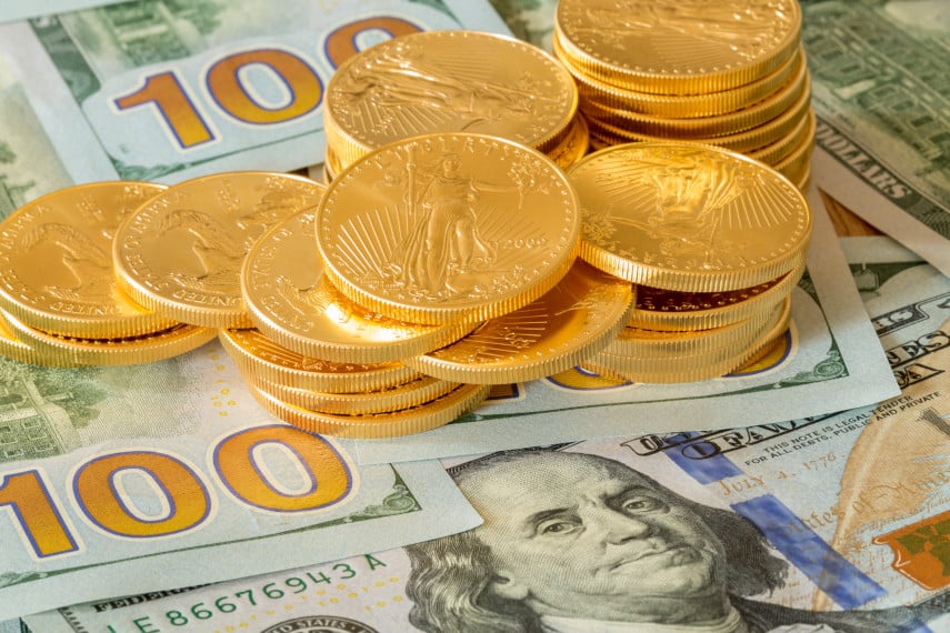 Gold coins and $100 bills